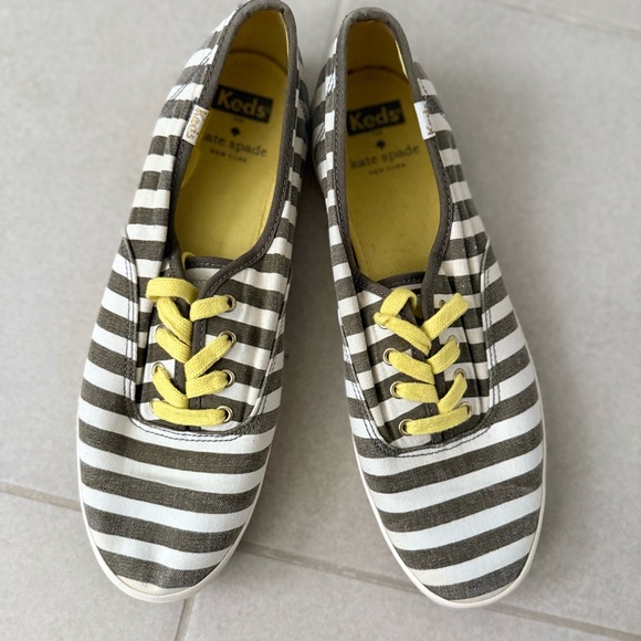 Keds Shoes - Keds & Kate Spade Gray and White Striped Shoes with Yellow Laces